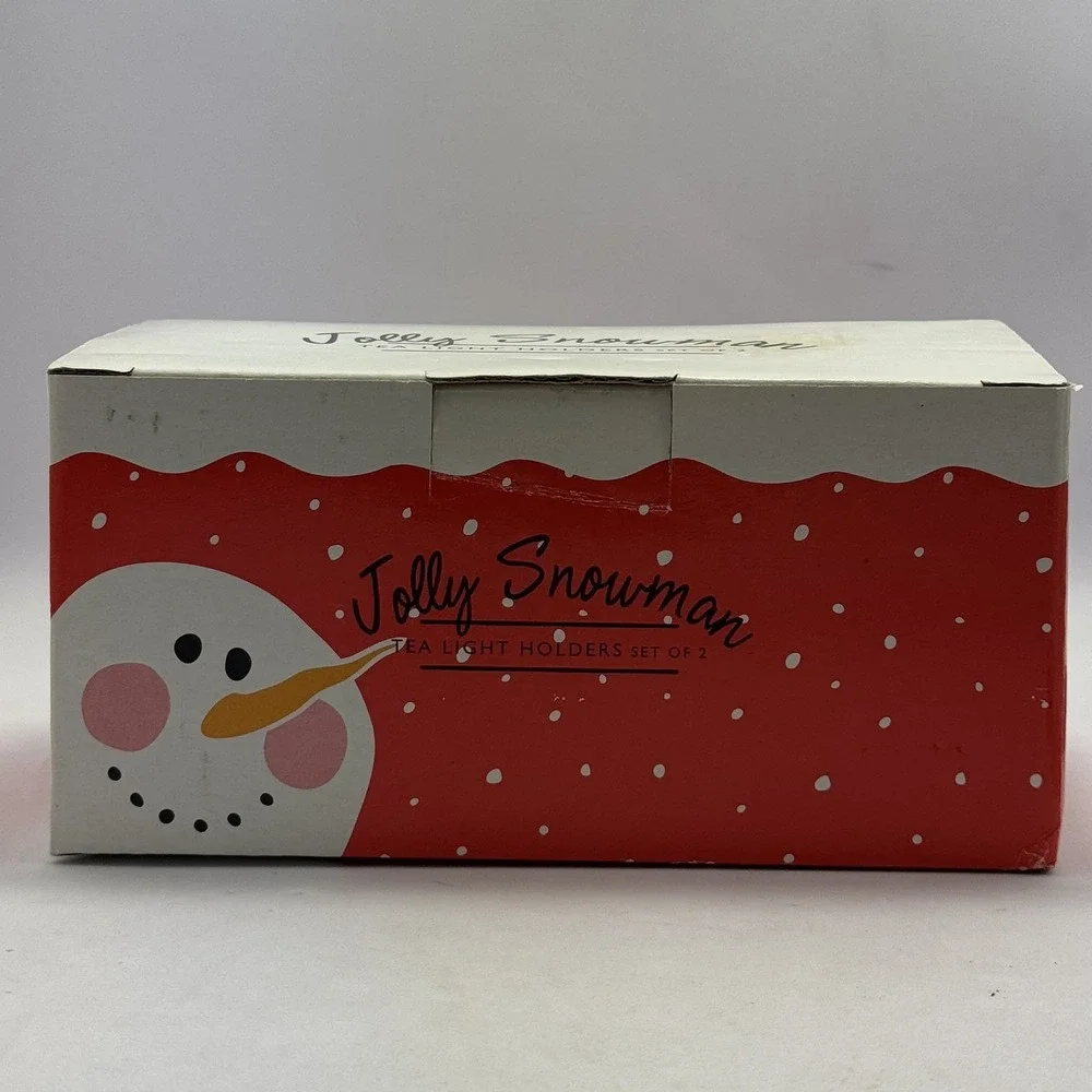 Jolly Snowman Tea Light Candle Holders Set/2 Red White Ceramic Holiday Decor NEW